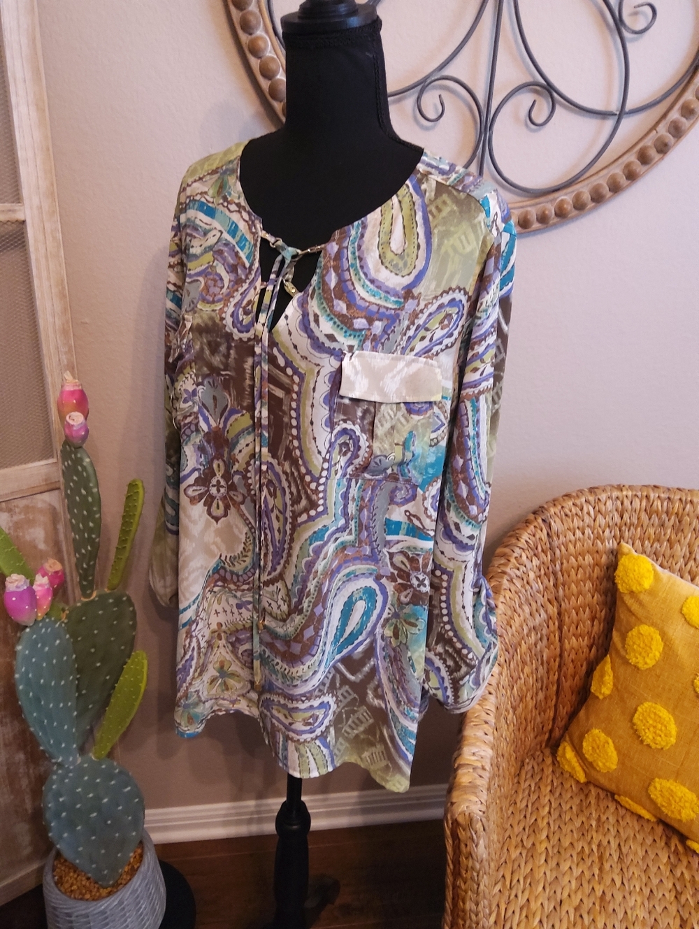 Chico's Teal, Olive & Cream Paisley Tunic